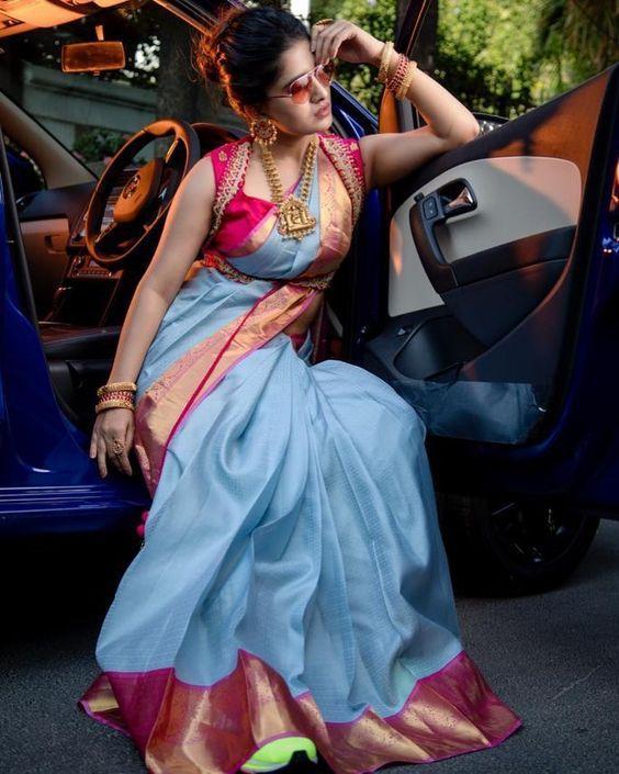 Engrossing Sky Blue Banarasi Pure Soft Cotton Silk Saree