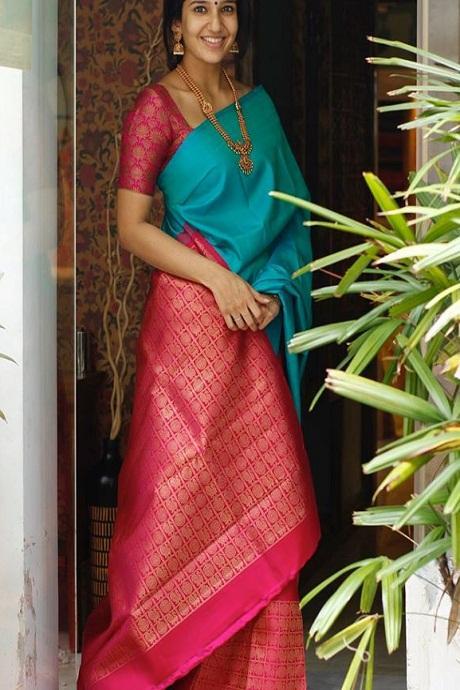 Barnabasi Pure Soft Silk Red and Firozi Color Saree