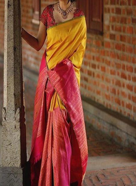 StylBh Yellow And Pink Color Banarasi Pure Soft Jacquard Silk  Saree B282