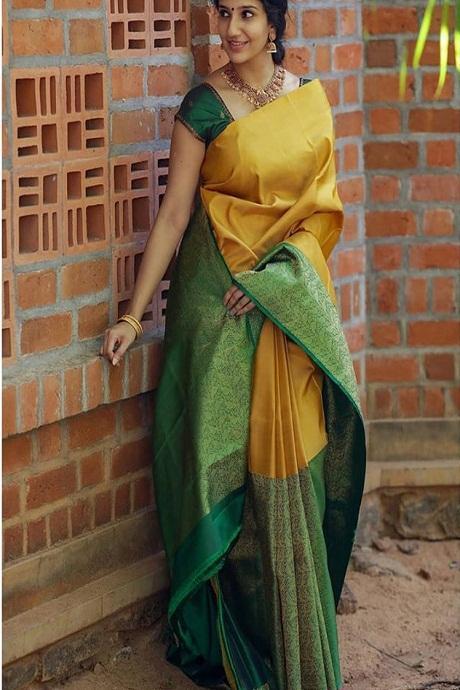 Engrossing Green Yellow Heavy Kanjivaram Pure Soft Silk Saree Online