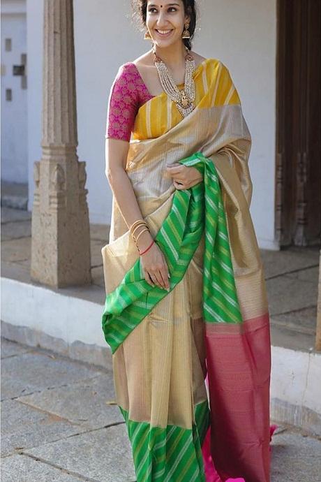 Blooming Pure Soft Silk Cream Banarasi Online Saree Shopping