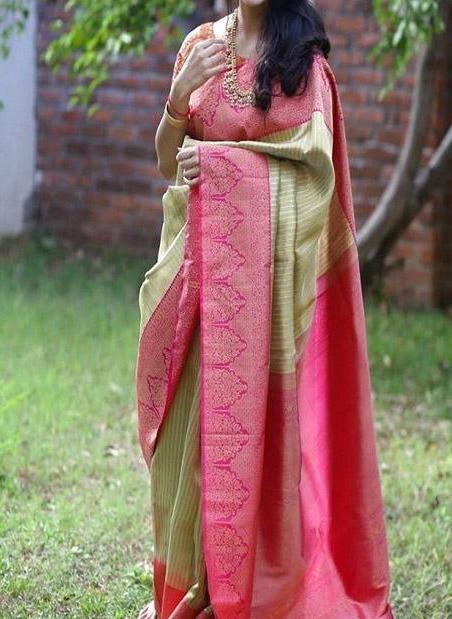 Unique Light Green / Pink Colour Banarasi Pure Soft Silk Saree B168