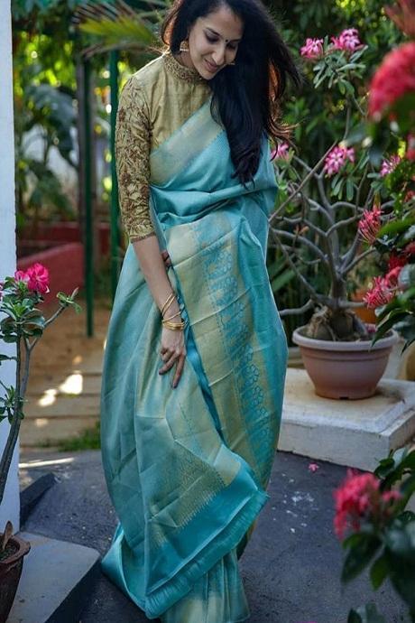 Engrossing Kanjivaram Pure Soft Silk Firozi Color Saree