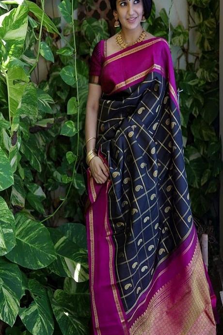 Exceptional Banarasi Pure Soft Silk Navy Blue Saree For Girls