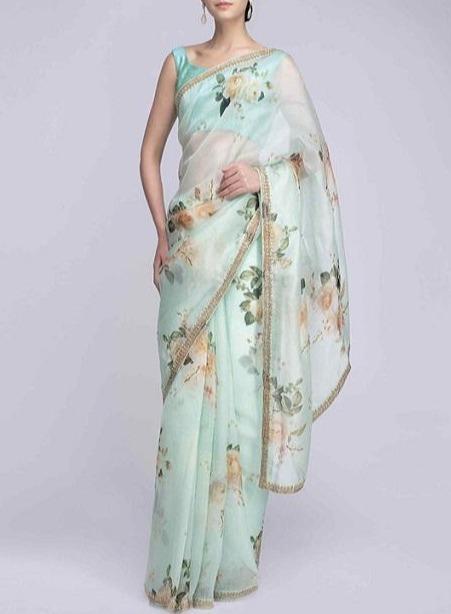 Designer Ethnic Organza Silk Fancy Firozi Saree Blouse