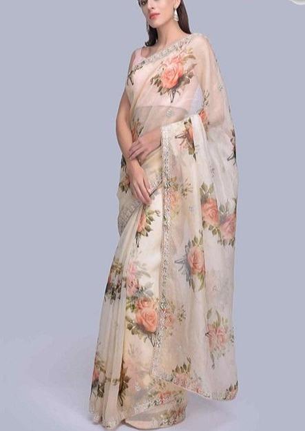 Designer Ethnic Organza Silk Fancy Off White Saree Shopping
