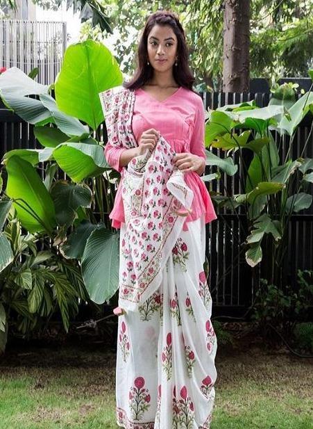Designer Ethnic Cotton Silk Fancy White Saree Blouse